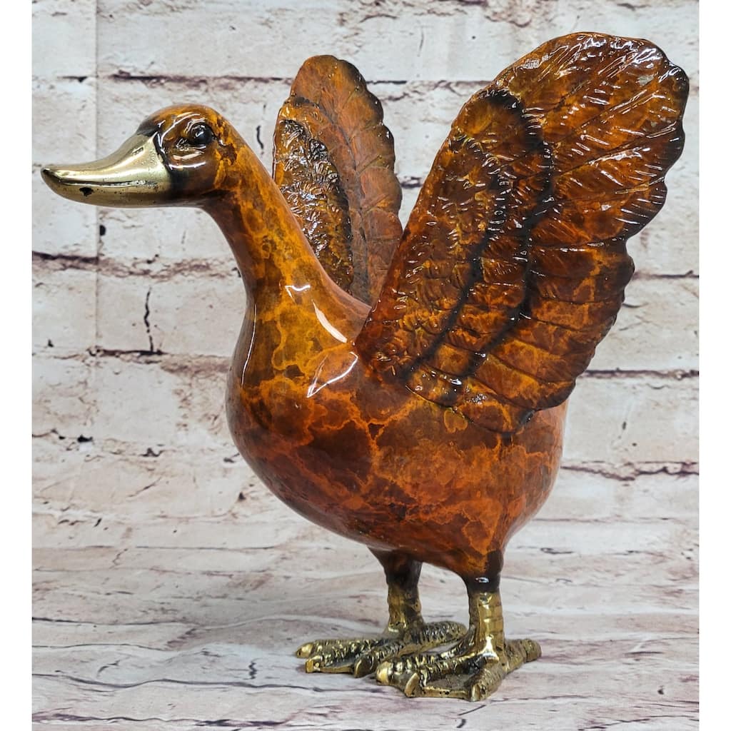 Colorful Bronze Metal Sculpture Of Duck Flapping Wings Art Figure Signed J. Moigniez