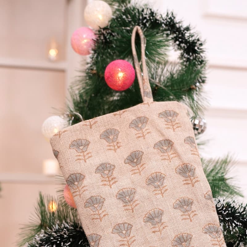 Fabdivine 16x6.5 Inches Hand Floral Block Print Christmas Stockings Tassle and Loop Perfect for Gift - 16"X6.5" - Kohinoor- Light Grey, Brown - Christmas Stockings