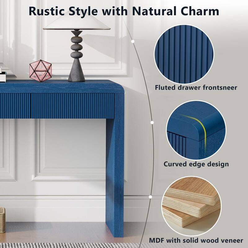 Rustic Console Table with 3 Fluted Drawers - Solid Wood Veneer Entryway Table Featuring Natural Wood Grain for Living Room