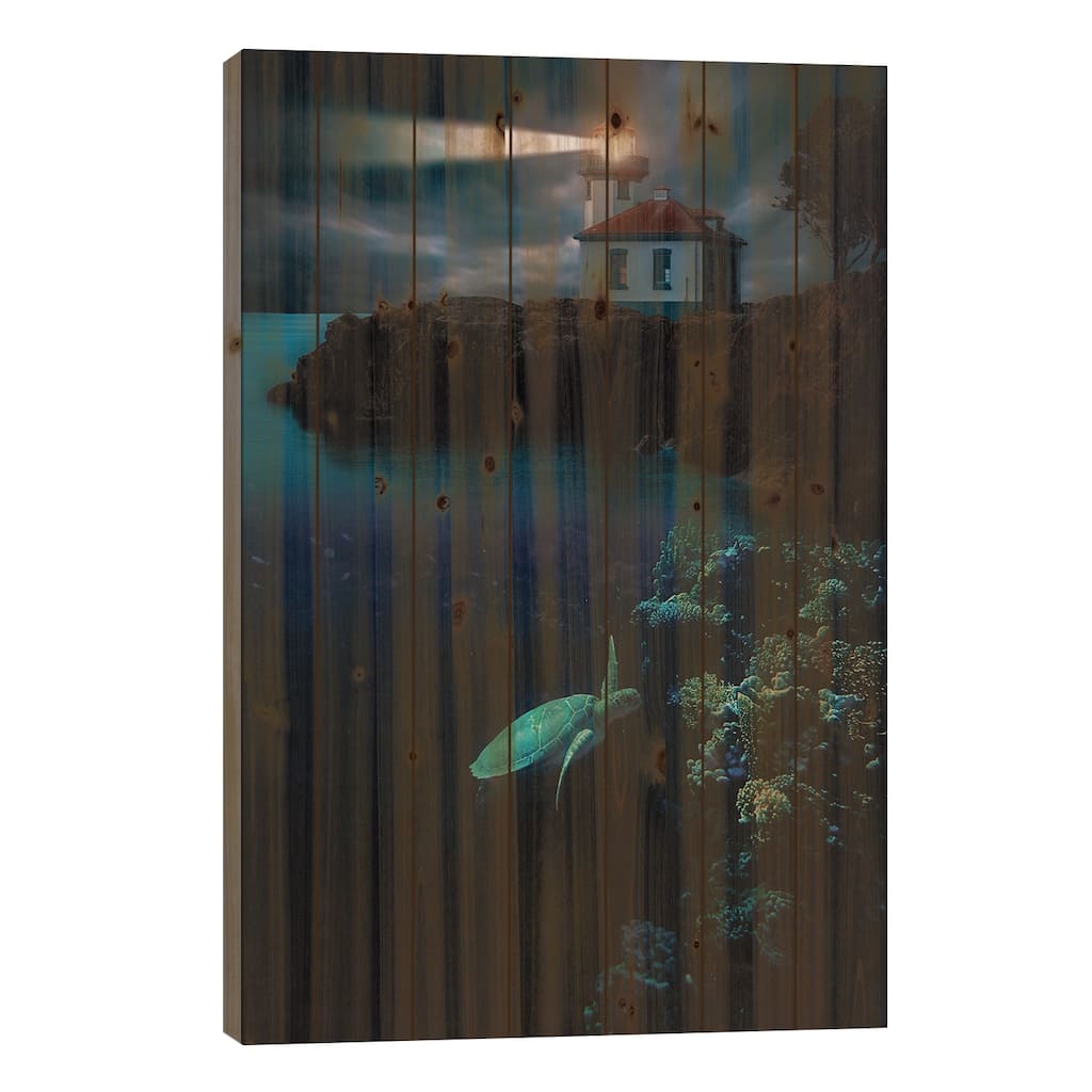 Turtle In The Corals And Lighthouse Print On Wood by GEN Z - Multi-Color