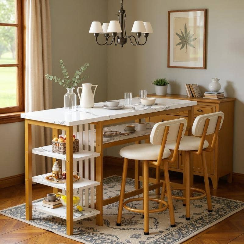 3-Piece Dining Room Table Set with 2 Upholstered Bar Stools, Modern Farmhouse Bar Table Set for 2 with Multiple Tier Shelves