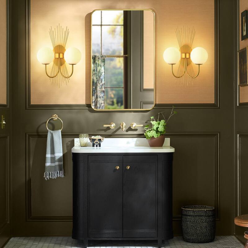 18.9" W 2-Light Mid-Century Modern Brushed Gold Sunburst Sputnik Wall Sconce with Milk Glass Globes