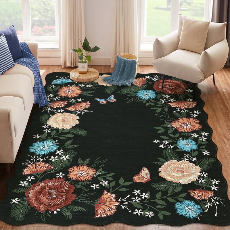 Area Rugs for Living Room Bedroom Washable Modern Floral Rug Scalloped Non-Slip Low Pile Carpet - 5'x7' - Black