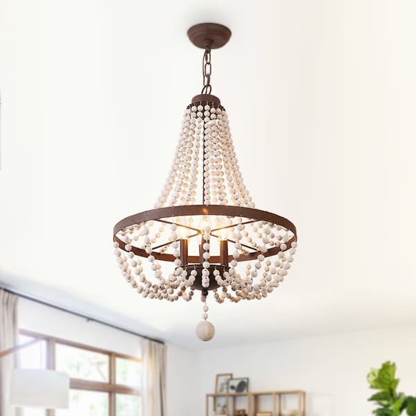 slide 2 of 25, Oaks Aura Farmhouse Candle Style 4-Light Wood Ceiling Light Bohemia Beaded Wood Chandelier