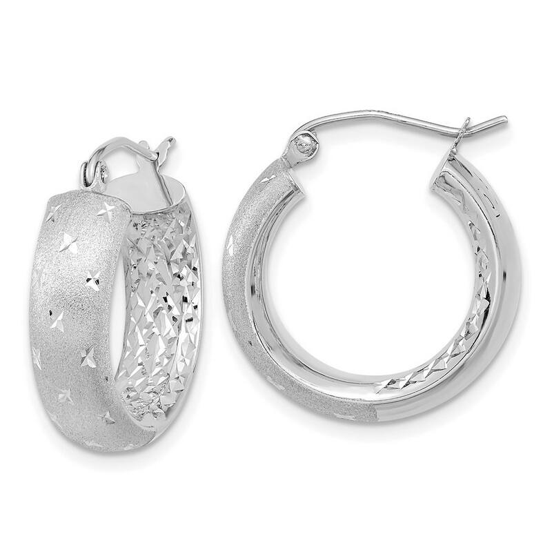 Curata 14k White Gold Satin and Diamond Cut In Out Hoop Earrings 20.83x5.75mm