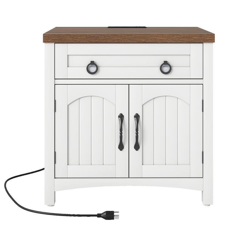 Moasis Farmhouse Nightstand with Charging Station,End Table with 2-Door Cabinet