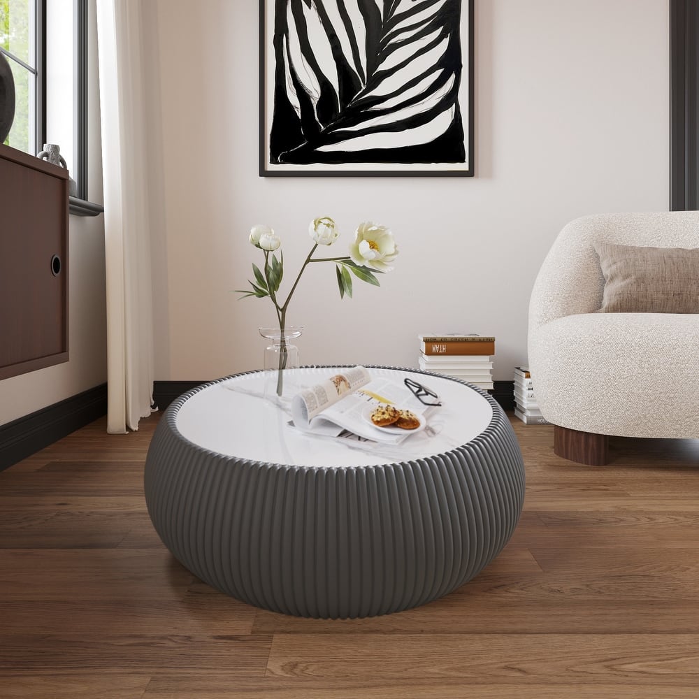 27.55" Round Coffee Table, Faux Marble Top Drum Shape Low Coffee Table, Modern Center Table with Leather Frame for Living Room