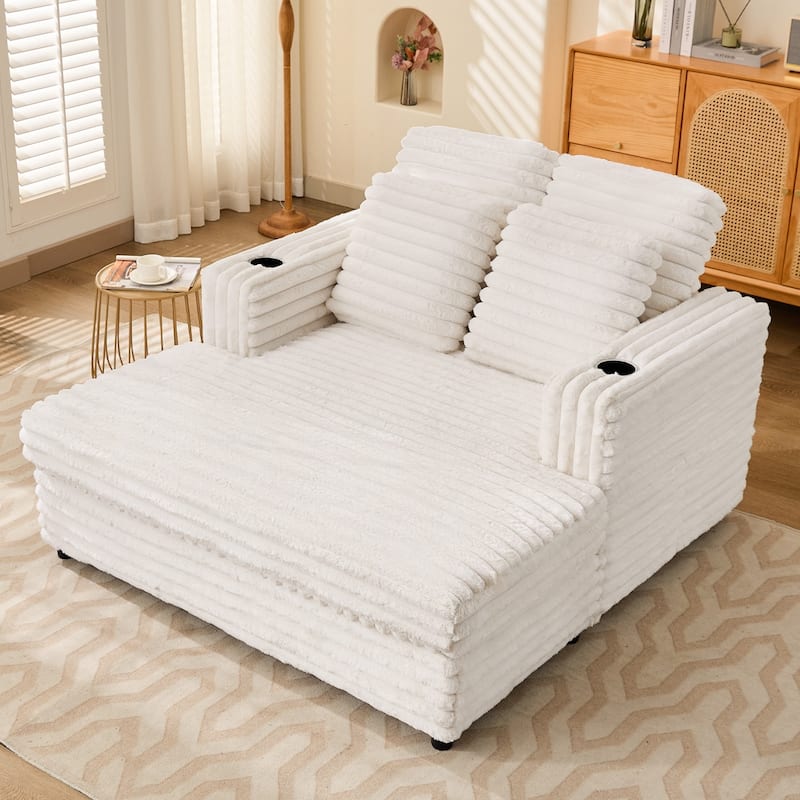 64" Oversized Chaise Lounge Chair Sofa Bed, Corduroy Upholstered Sleeper Chair with Wood Frame, Storage Pockets, Cup Holders - Beige+Natural