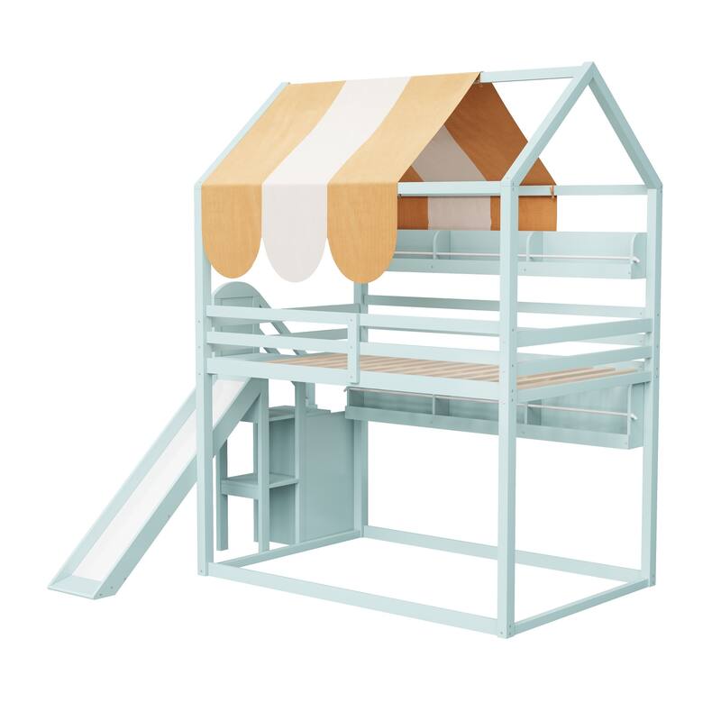 Fairytale Full Size House-shaped Loft Bed with Striped Fabric Canopy, Fun Slide Design and Built-in Bookshelves