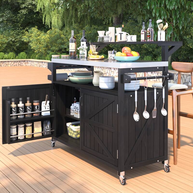53.3" Outdoor Kitchen Island with Raised Shelf,Solid Wood Storage Cabinet with Stainless Steel Top(NO CHAIR) - N/A