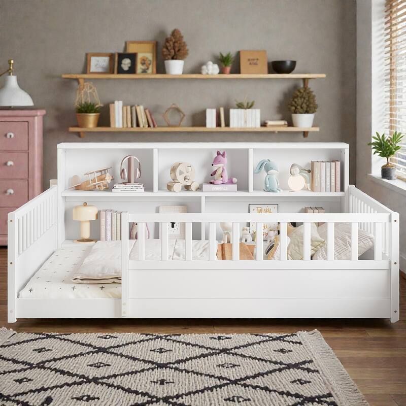Wooden Floor Bed with Fence Guardrails, Montessori Style Kids Bed Frame with Side Storage Design