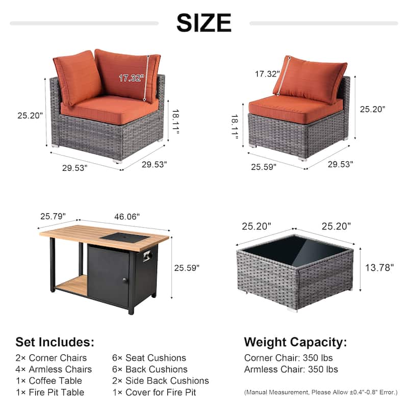 XIZZI 8-piece Outdoor Furniture Patio Wicker Sofa Set with Fire Pit