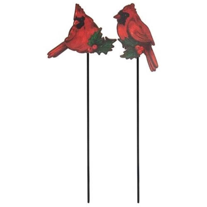 Decorative Winter Cardinal Plant Stakes with Wooden Birds and Black Metal Base 2 Asstd. - Red-Black - 10"H x 3.50”L x 0.25”W