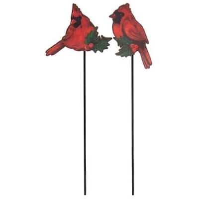 Decorative Winter Cardinal Plant Stakes with Wooden Birds and Black Metal Base 2 Asstd. - Red-Black - 10"H x 3.50”L x 0.25”W