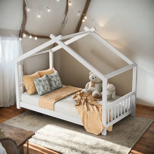 slide 2 of 9, Kids and Baby Twin Size Roof House Platform Bed With Headboard And Footboard