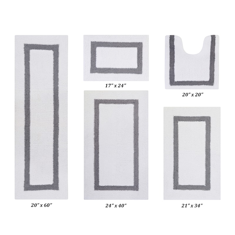 Better Trends Hotel Collection in Race Track 100% Cotton Super Absorbent Reversible Double Sided Machine Washable Bath Mat Rug - 5 PC Set 17"x24"|20"x20"|21"x34"|24"x40"|20"x60" - White & Gray