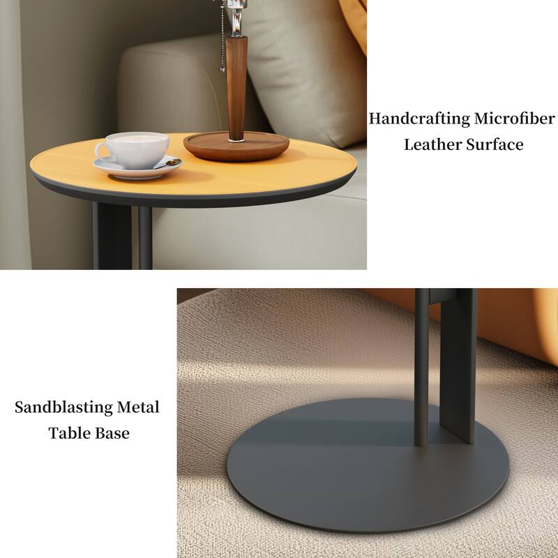 Modern Round End Table with Microfiber Saddle Leather Top and Metal Sandblasting Pedestal