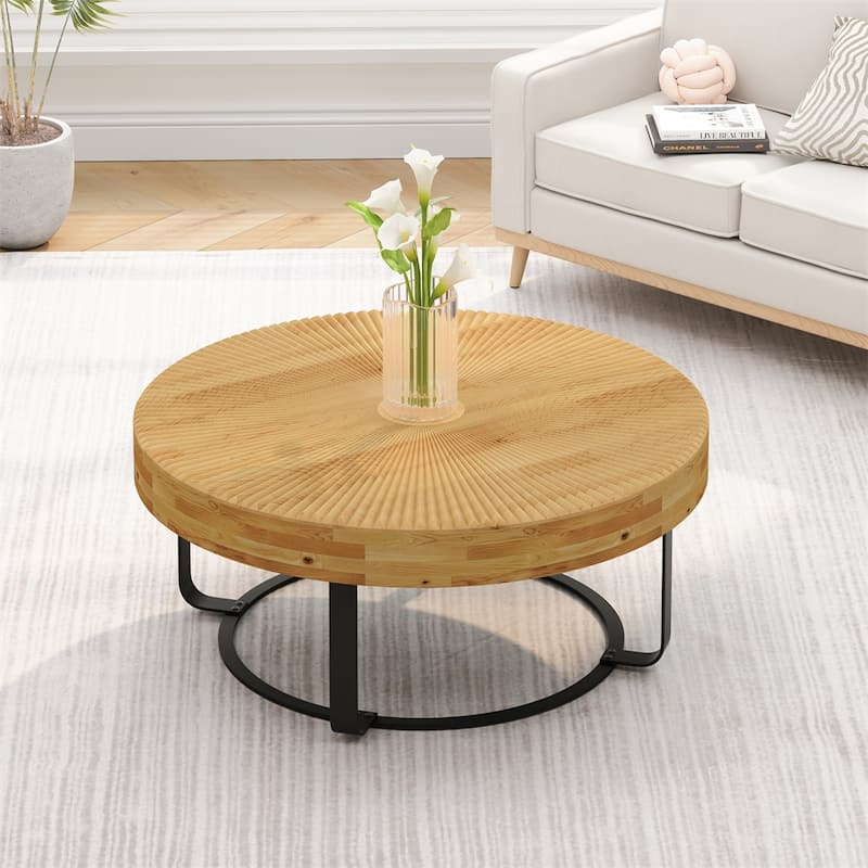 Modern Wood Round Coffee Table with Metal Legs - Black