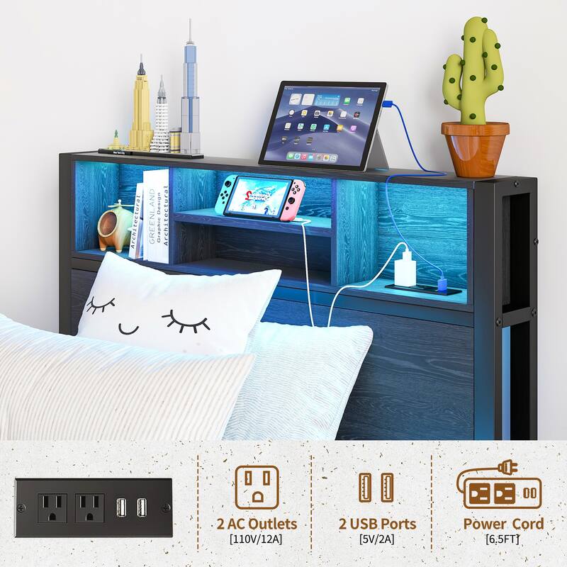 Metal Platform Bed with Storage Headboard and LED Light