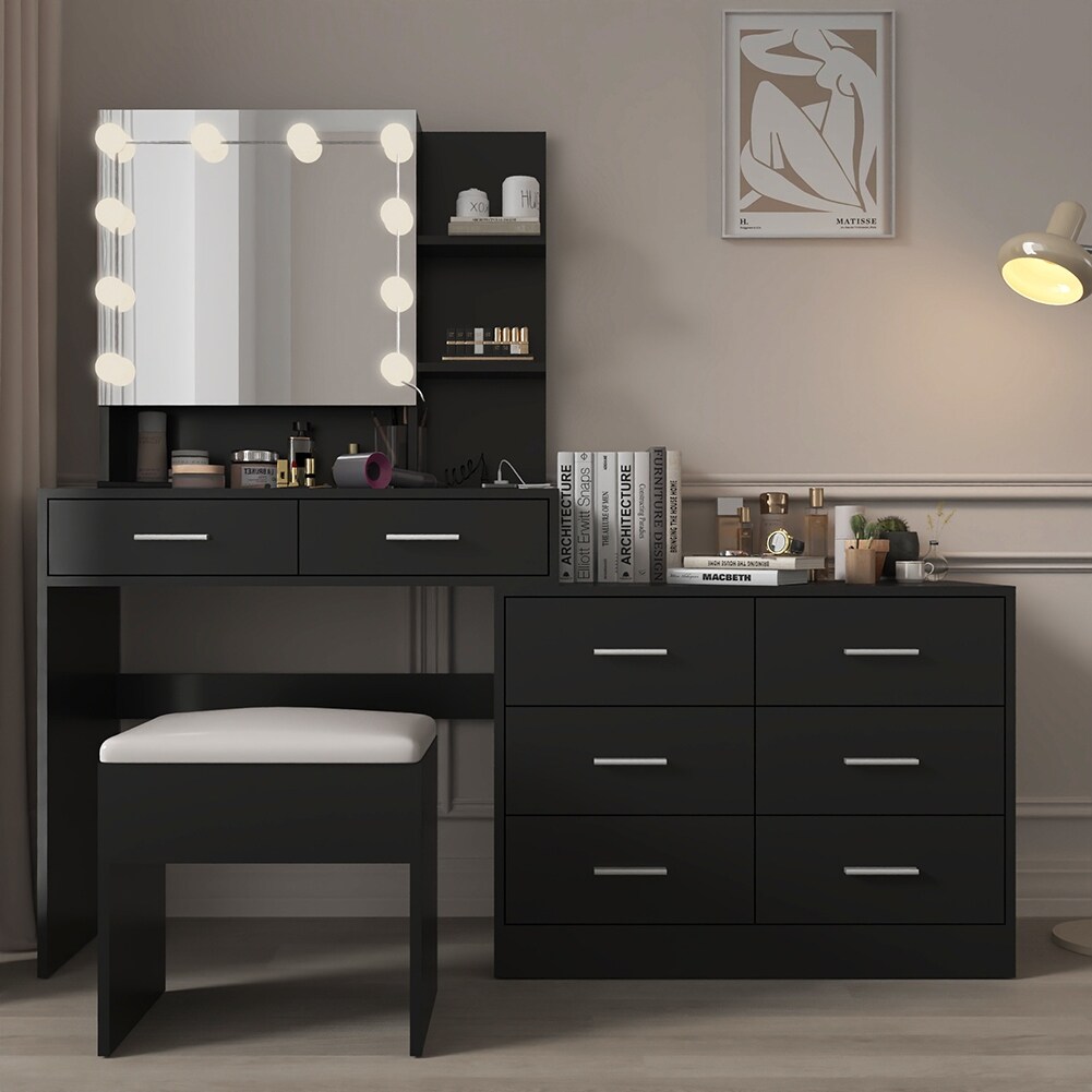 Multifunctional Vanity Table Set with Charging Station,Storage Drawer Shelf and LED Lights