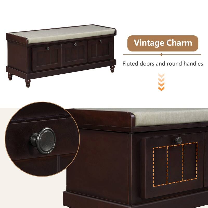 Classic Shoe Bench with Cushion and Three Drawers, Fluted Entryway Bench with Storage for Living Room