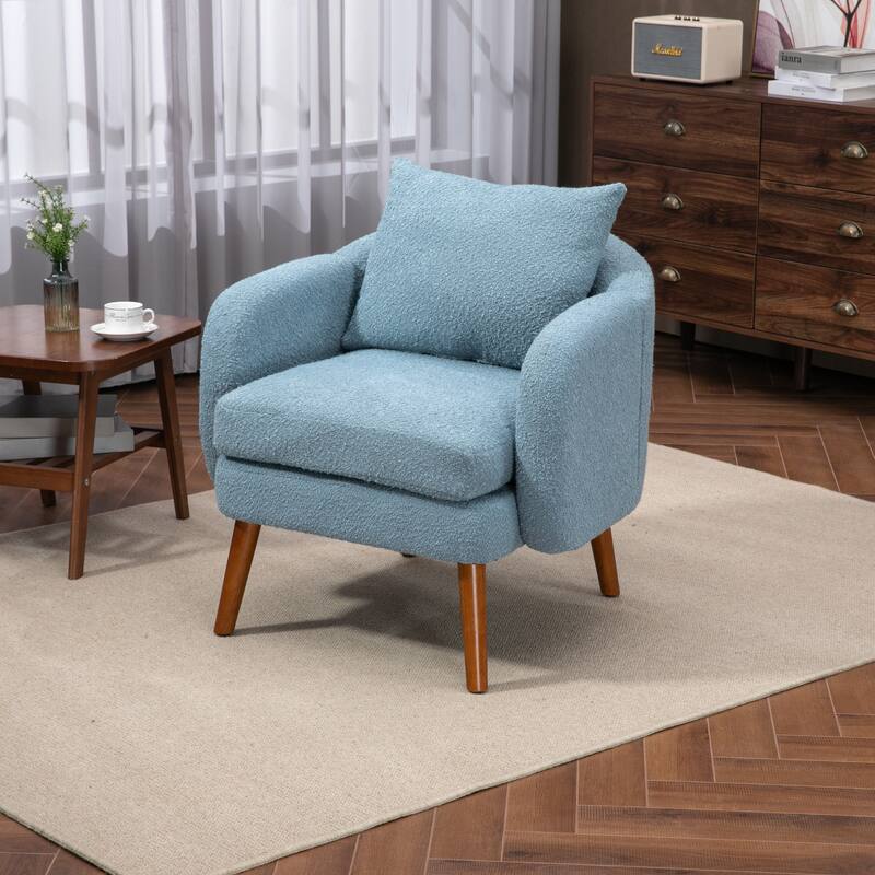Modern Accent Chair Light Blue Boucle Fabric Barrel Chair Wood Frame