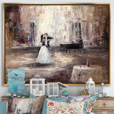 Designart 'Black And White Couple Dancing In Hall With Piano' Traditional Framed Canvas Wall Art Print