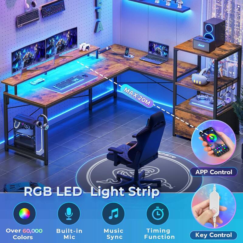 51in Computer Office Desk Storage Shelves Drawer Power Outlets