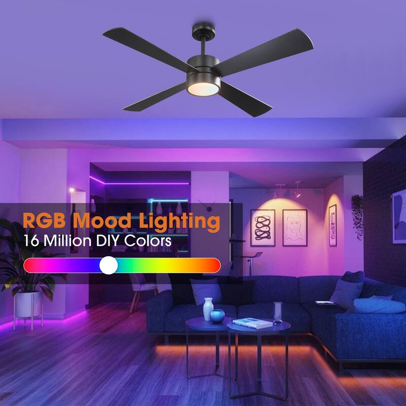 52" Black/ Distressed Brass Smart Dimmable RGB Ceiling Fan with Remote and App Control