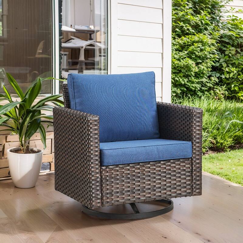 Pocassy Patio Swivel Chair with Soft Cushion - Brown Wicker Blue Cushion - 1PC Swivel Chair