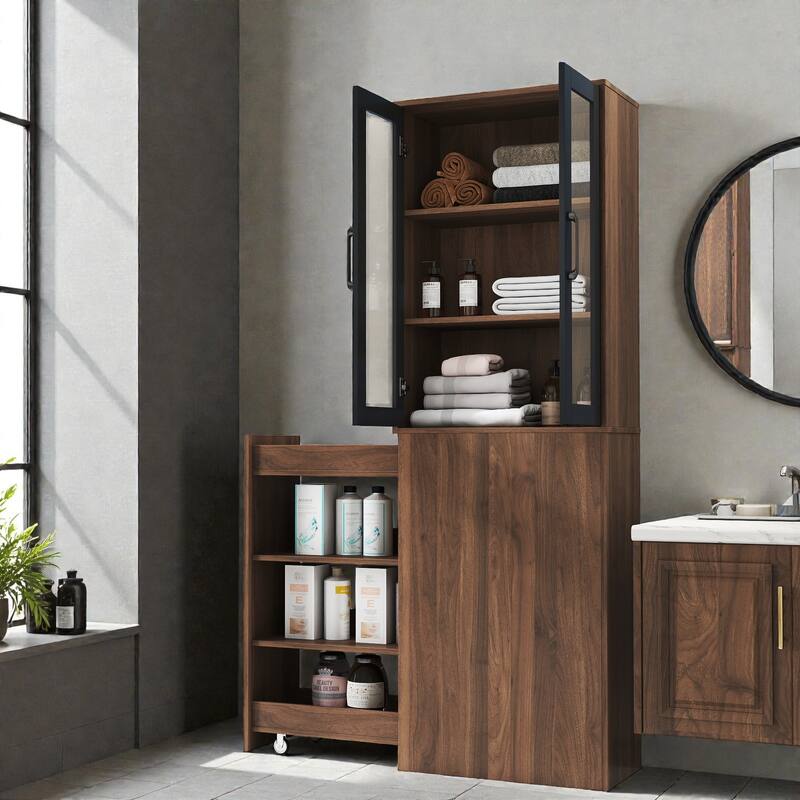 70.87" Tall Display Storage Cabinet with 4-Tier Pull-Out Shelf & Glass Doors, Modern Wooden Kitchen Pantry for Home