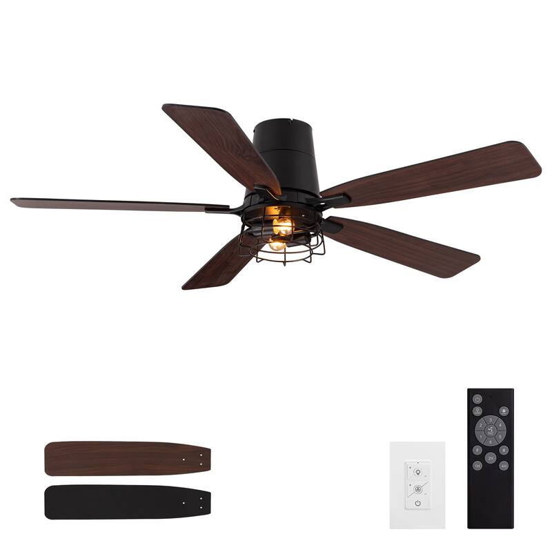 Modern Black Low Profile Small Caged Ceiling Fan with Light and Remote