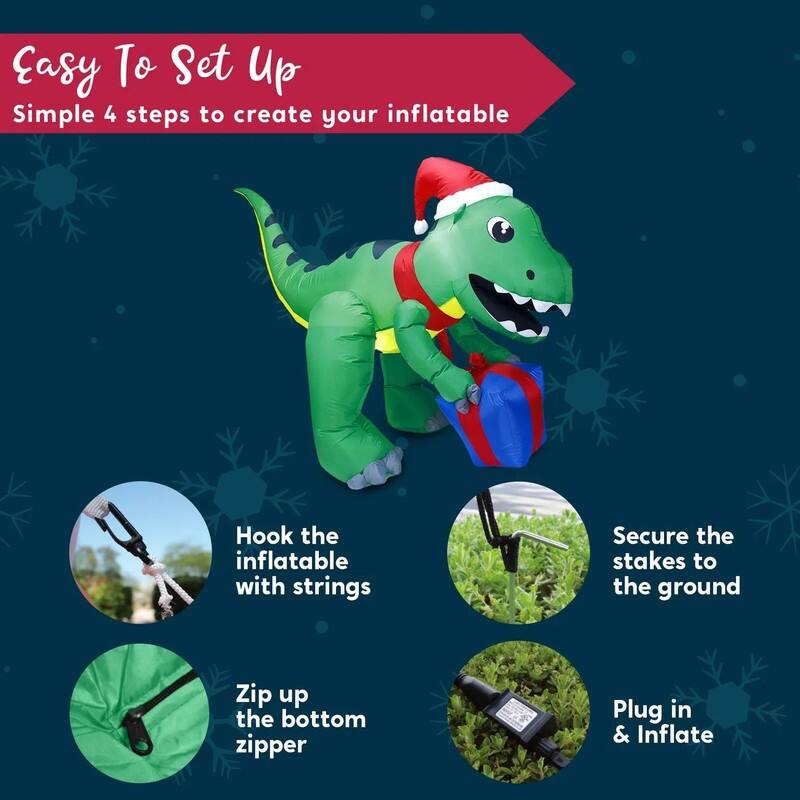 5 ft. Tall Green, Red & Blue Plastic Christmas Dinosaur with Hat Inflatable - Green