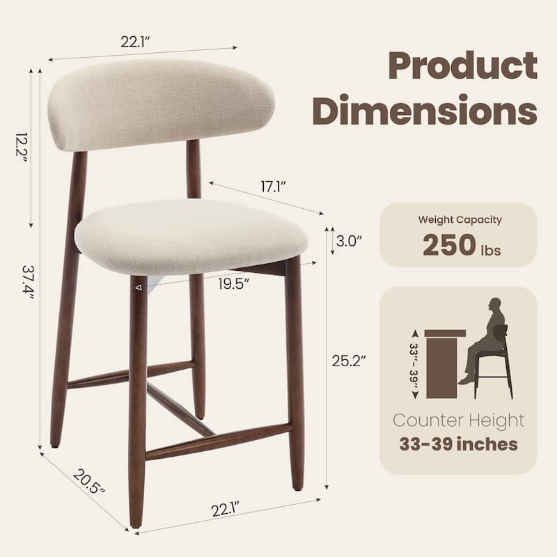 RENEWLINE Mid-Century Modern Upholstered Bar Stools with Backrest - Solid Wood Legs Counter Height Stools