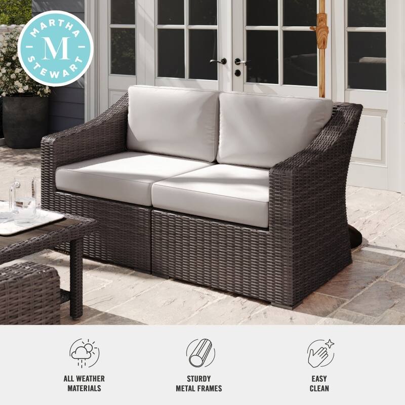 Martha Stewart Outdoor Modular Rattan Wicker Loveseat with All-Weather Cushions - 58"W x 32"D x 30"H