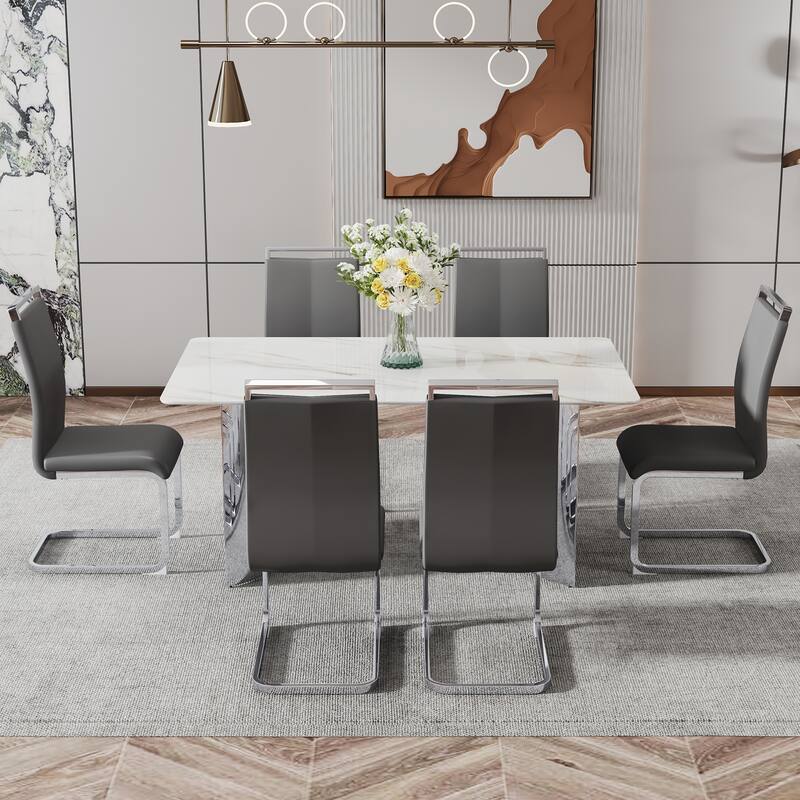 Modern Marble Glass Dining Set with Stainless Steel Legs & PU Chairs