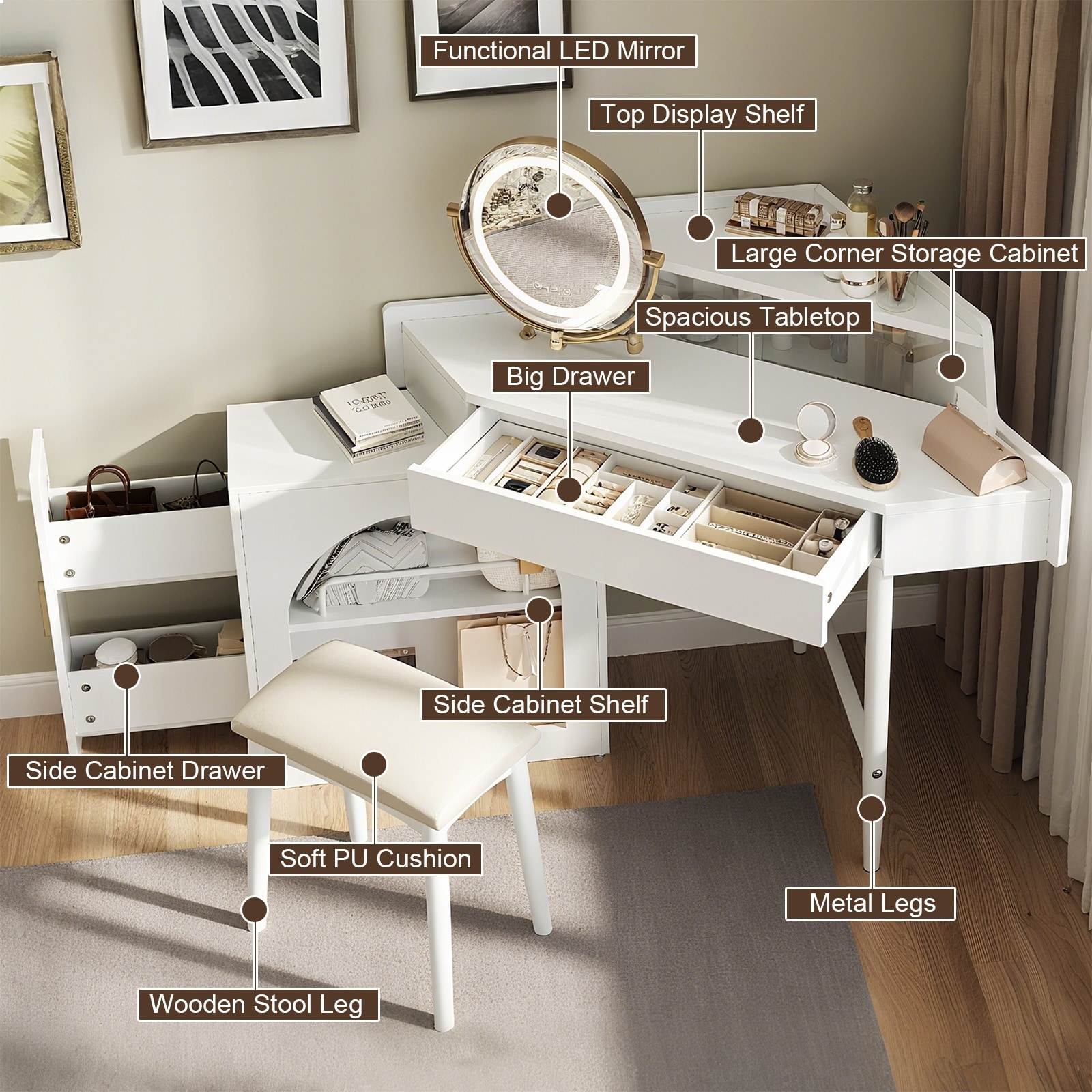white dressing table with mirror and stool Costway Vanity Makeup w/ Tri Folding + 7 Drawers which is convenient for placing all kinds of cosmetics Dressing Table with Lights Mirror,
