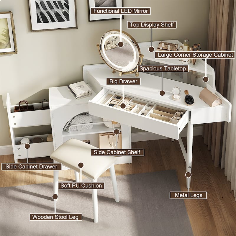 Corner Makeup Vanity with LED Mirror and Stool, Dressing Table with Storage Cabinet, Drawer and Adjustable Lights