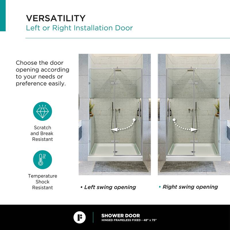 Fine Fixtures Hinged Clear Frameless Glass Shower Door Enclosure