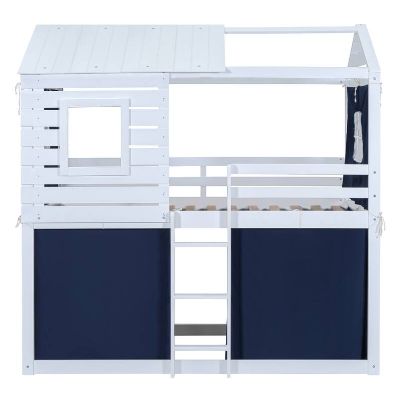 Solid Wood House Bunk Bed with Tent, Ladder and Fence for Kids, Bedroom