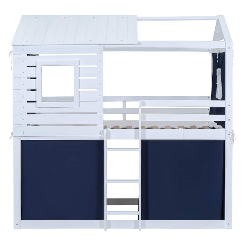 Twin Size Solid Wood House Bunk Bed with Tent, Ladder and Fence for Kids, Bedroom