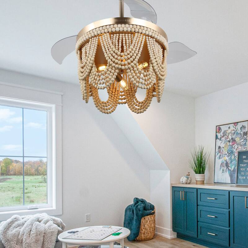 Bella Depot 42" Bohemian Retractable Ceiling Fan with Remote and Light 6-speed Modern Wood Chandelier