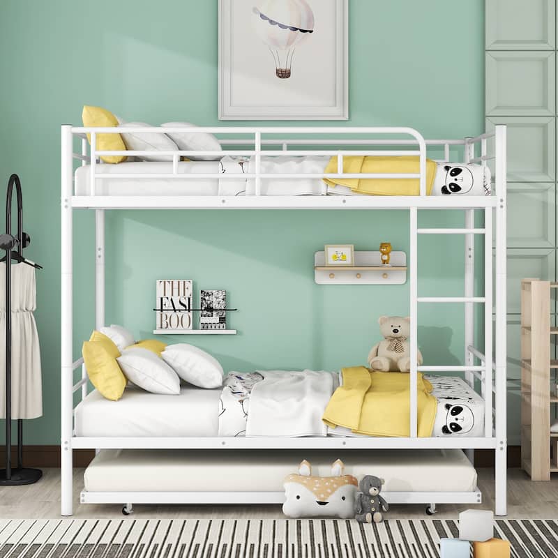 Full Over Full Metal Bunk Bed with Trundle - White