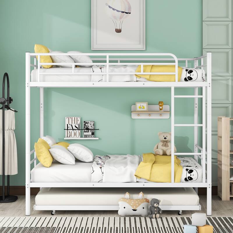 Metal Bunk Bed with Trundle and Guardrail, Convertible to Two Beds