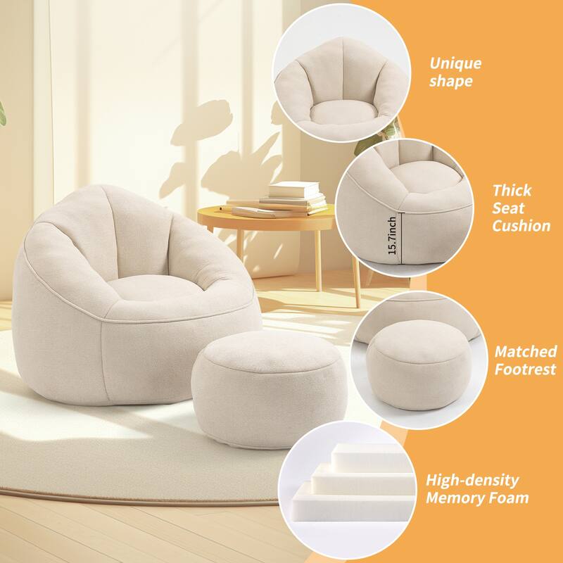 Bean Bag Chairs for Adults & Kids, Velvet Lazy Sofa Chair with Ottoman, Modern Accent Chair