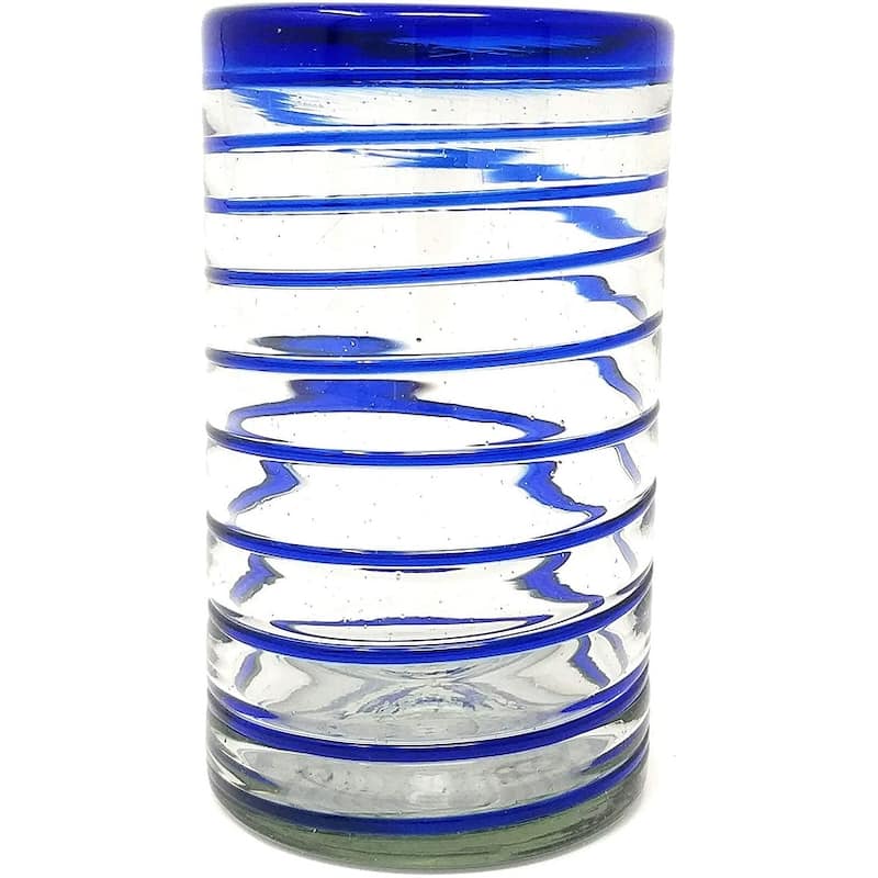 Dos Sueños Hand Blown Mexican Drinking Glasses - Set of 6 Glasses with Cobalt Blue Spiral Design (14 oz each)