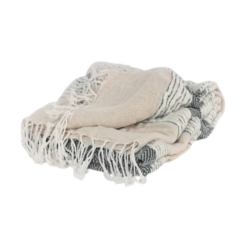 HomeRoots 50" X 60" Gray Cotton Woven Striped Throw Blanket with Fringe