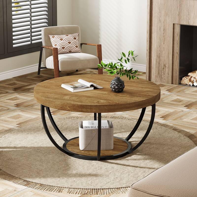 31.7" Round Coffee Table, Modern 2-Tier Center Table Sofa Side Table - Oak Brown
