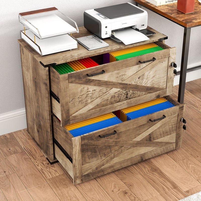 Barn Door Wooden 2 Drawers With Lock 25.79"H