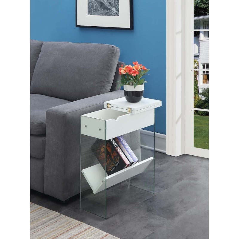Rustic Industrial End Table with Flip Top, Decorative Metal Accents, Two Tier Storage Shelves and Glass Sides - 23.75